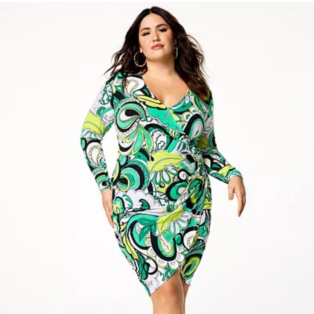 INTEMPO Faux-Wrap Mod Jersey Dress Stretchy Pucci Green Size 3X